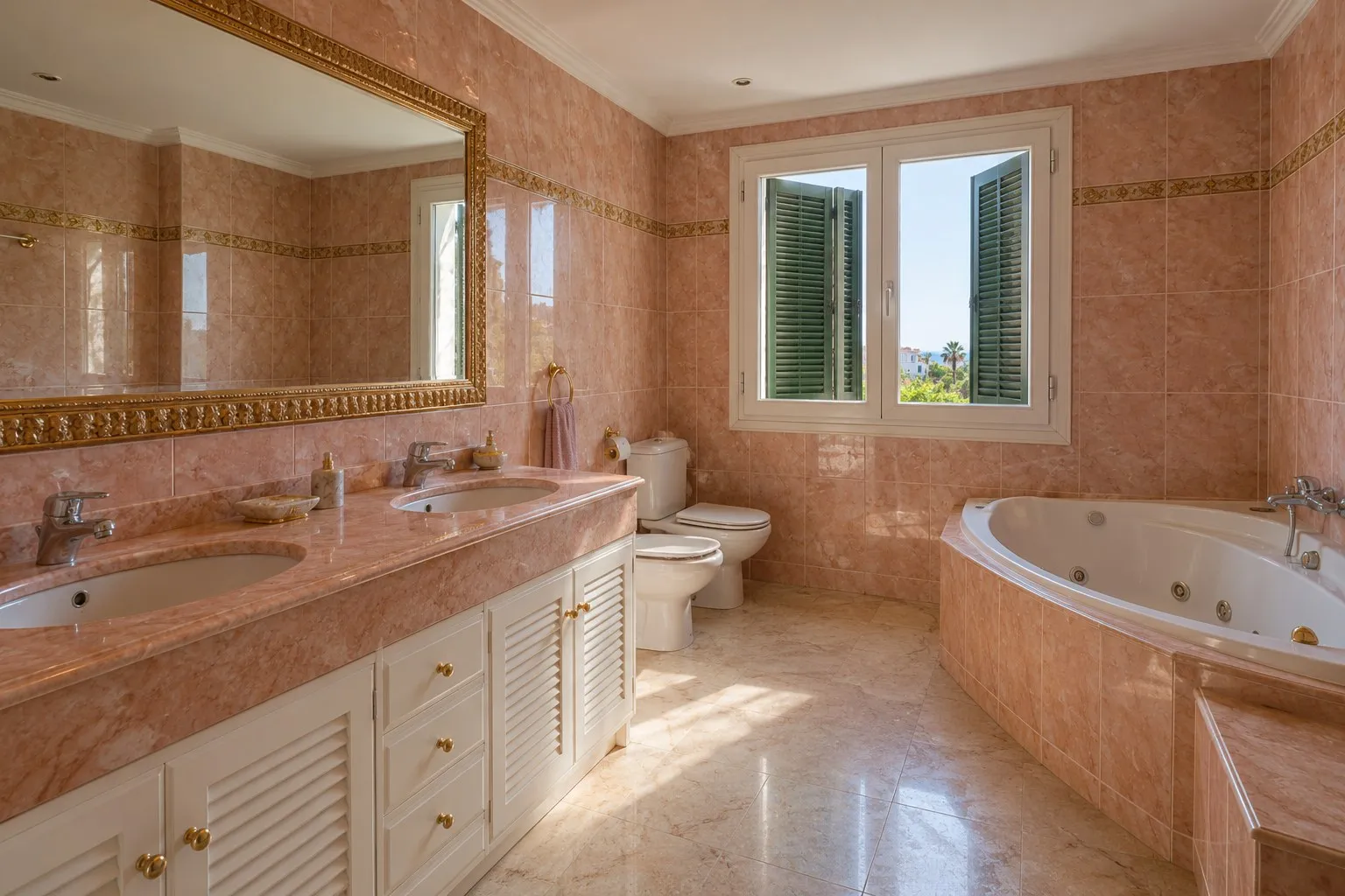 Baño principal de apartamento en Elviria, Marbella, con azulejo rosa y jacuzzi antes de la reforma