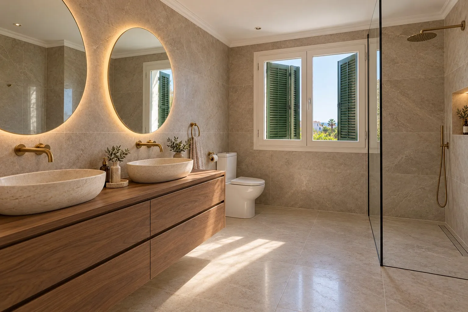 Baño principal reformado en Elviria, Marbella, con ducha a ras de suelo, mueble de nogal y espejos con luz