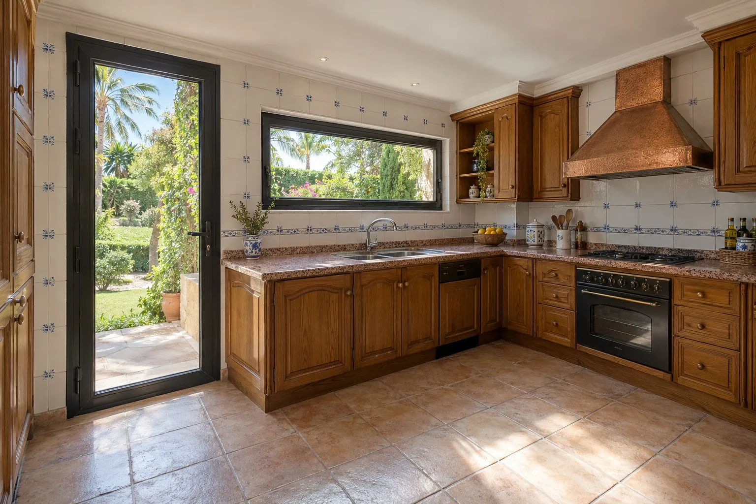 Cocina de villa en Las Chapas, Marbella, con muebles de roble rústico y campana de cobre antes de la reforma