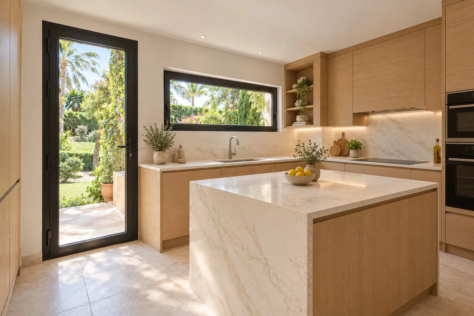 Cocina de villa reformada en Las Chapas, Marbella, con isla de piedra blanca y muebles de roble claro