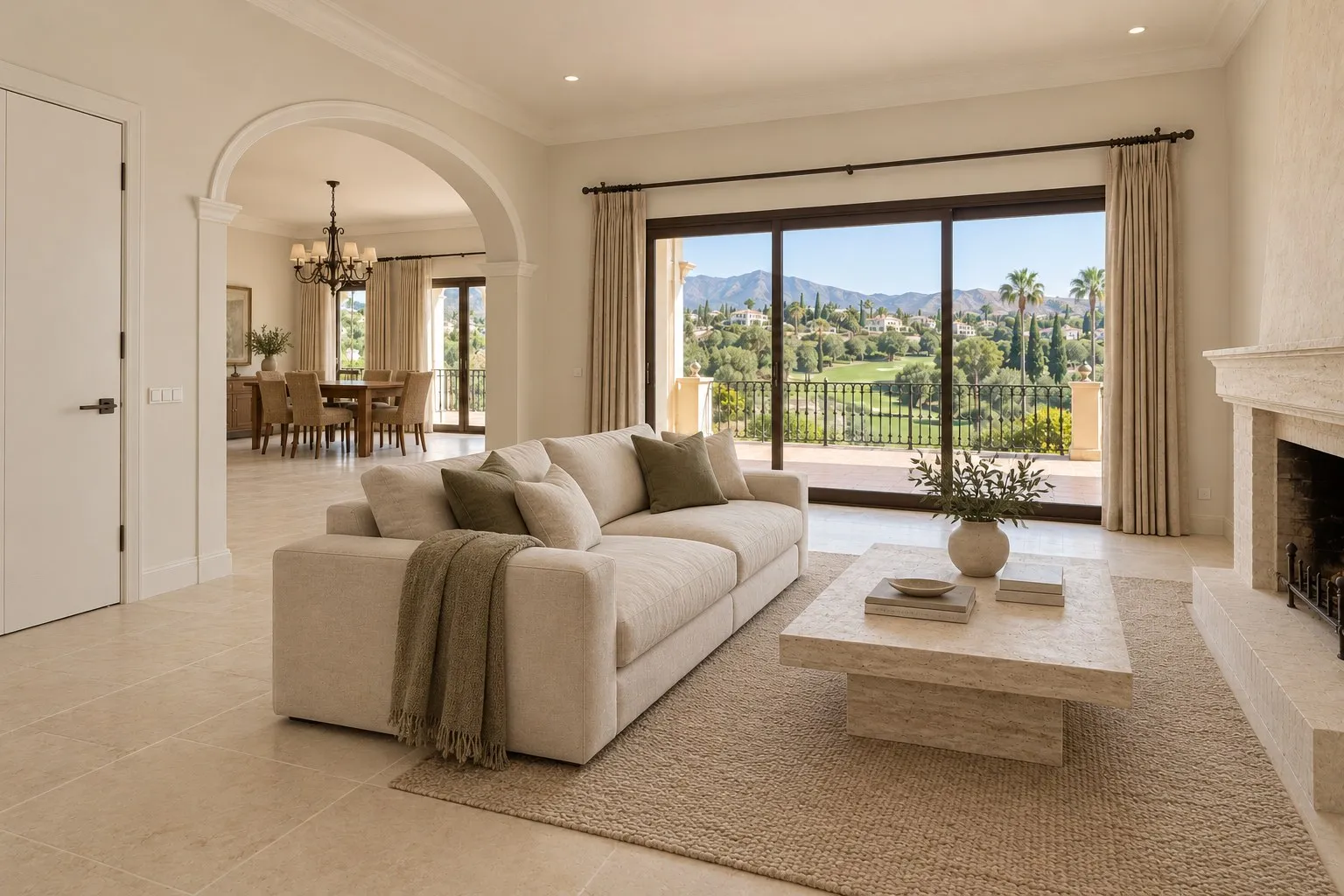 Salón de villa en Nueva Andalucía, Marbella, con suelo de piedra caliza clara y chimenea revestida después de la reforma